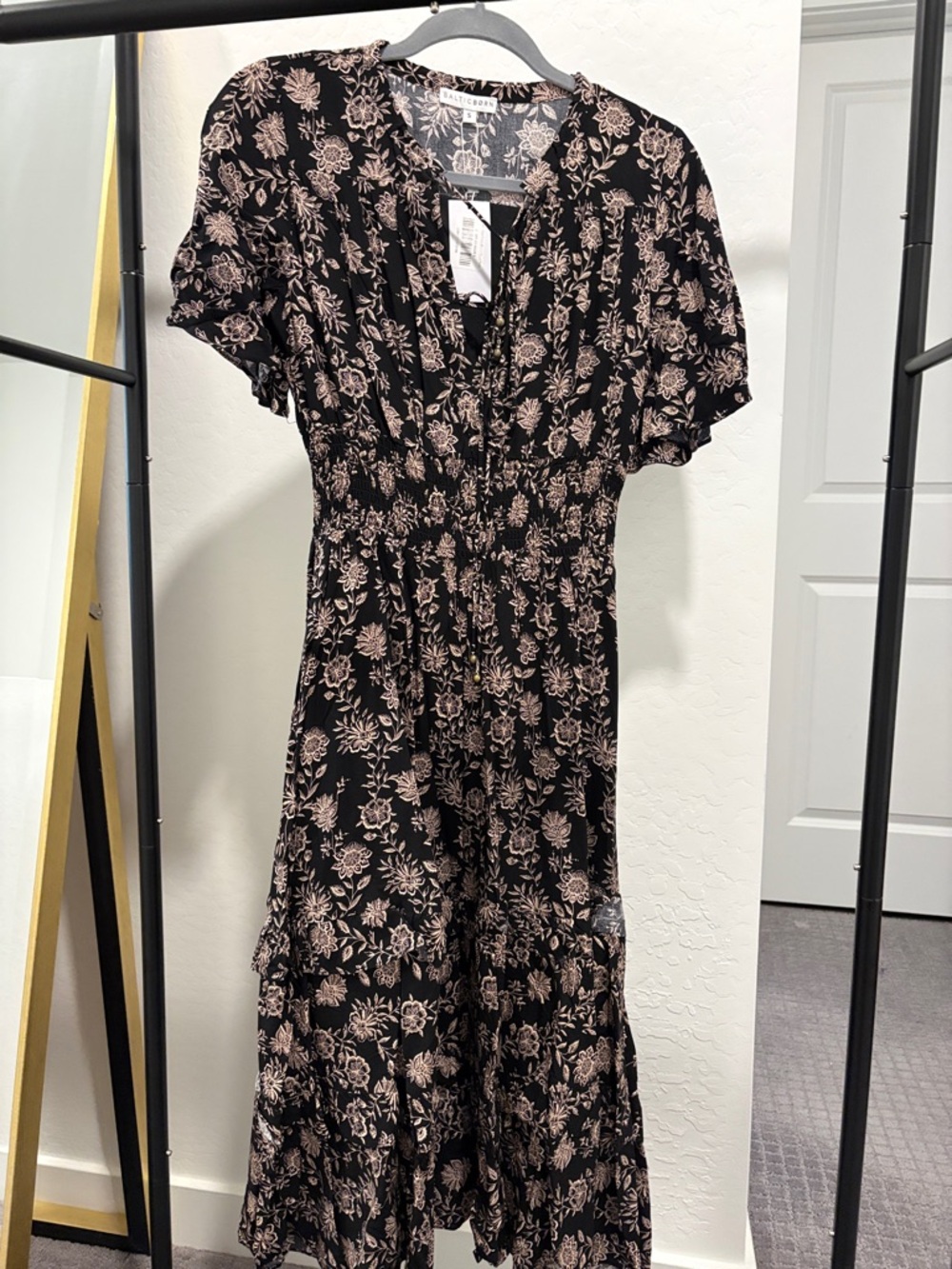 Baltic Born - Black Floral Midi Dress with Pink Floral Print